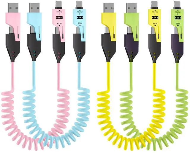 Main image of GUGOBOX 4 in 1 Fast Charging Cable - 4ft-65W Coiled USB C Cable for for Smart Phones,Laptops and More,Coiled Silicone Design,4 Pack