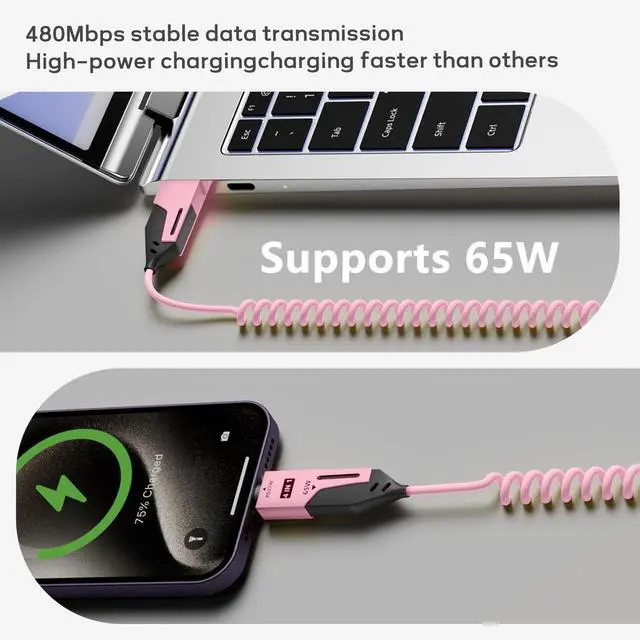 Alt view image 3 of 5 - GUGOBOX 4 in 1 Fast Charging Cable - 4ft-65W Coiled USB C Cable for for Smart Phones,Laptops and More,Coiled Silicone Design,4 Pack