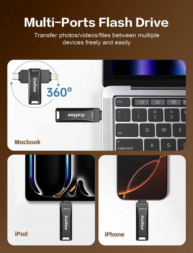 Alt view image 2 of 5 - Gulloe 512GB Flash Drive Intended for iPhone, Plug and Play, No Application Required, Memory Stick Storage for Photos and Videos Backup, Compatible with iPhone iPad Android PC (Dark Grey)