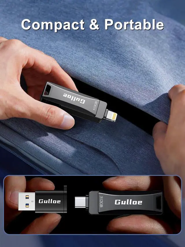 Alt view image 4 of 5 - Gulloe 512GB Flash Drive Intended for iPhone, Plug and Play, No Application Required, Memory Stick Storage for Photos and Videos Backup, Compatible with iPhone iPad Android PC (Dark Grey)