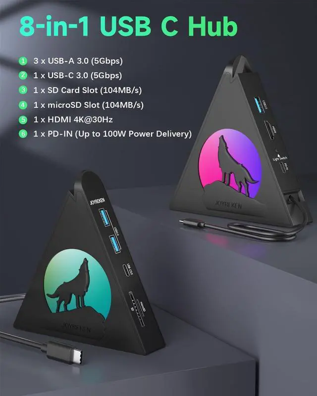 Alt view image 2 of 5 - Black USB C HDMI Hub with Base& 4-Port USB 3.0 Hub, with 4K 30 Hz HDMI, 100W Power Delivery, 5 Gbps USB-C, USB-A 3.0, SD/TF Card Slots, Vertical Hub for iMac, MacBook, Mac mini, PC, Dell