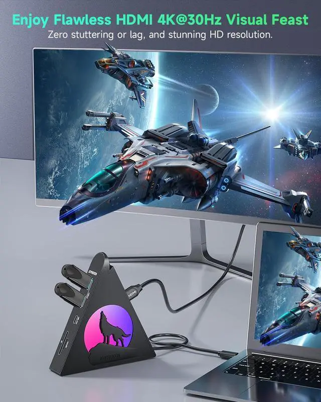 Alt view image 4 of 5 - Black USB C HDMI Hub with Base& 4-Port USB 3.0 Hub, with 4K 30 Hz HDMI, 100W Power Delivery, 5 Gbps USB-C, USB-A 3.0, SD/TF Card Slots, Vertical Hub for iMac, MacBook, Mac mini, PC, Dell