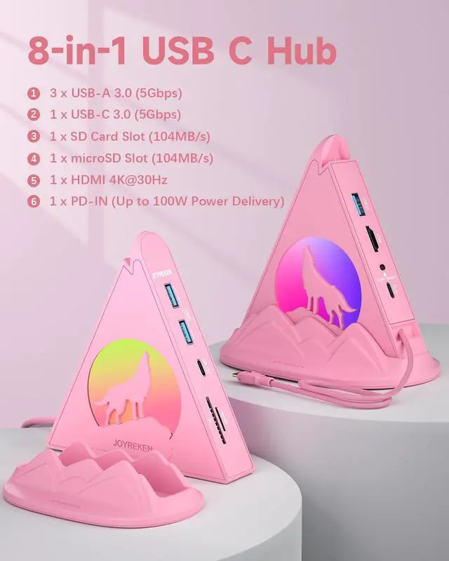 Alt view image 2 of 5 - Pink USB C Hub Bundle - Wolf 8-in-1 USB-C Hub with Base-Stand, 4K@30Hz HDMI, PD100w, 5Gbps USB-C, 3 USB-A 3.0, SD/TF, Flying V Type C to 4 USB 3.0 Ports Hub for MacBook, iMac, iPad