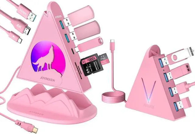 Main image of Pink USB C Hub Bundle - Wolf 8-in-1 USB-C Hub with Base-Stand, 4K@30Hz HDMI, PD100w, 5Gbps USB-C, 3 USB-A 3.0, SD/TF, Flying V Type C to 4 USB 3.0 Ports Hub for MacBook, iMac, iPad