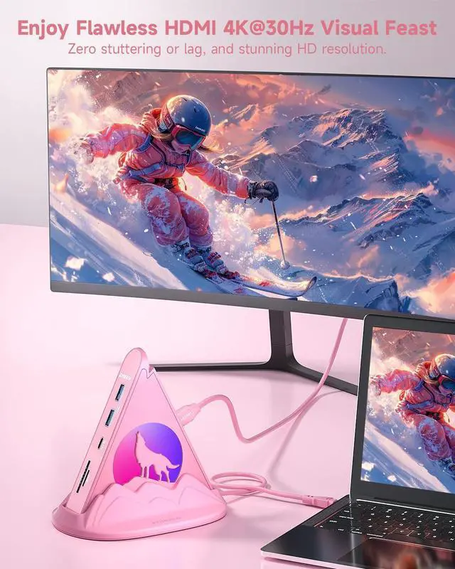 Alt view image 5 of 5 - Pink USB C Hub Bundle - Wolf 8-in-1 USB-C Hub with Base-Stand, 4K@30Hz HDMI, PD100w, 5Gbps USB-C, 3 USB-A 3.0, SD/TF, Flying V Type C to 4 USB 3.0 Ports Hub for MacBook, iMac, iPad