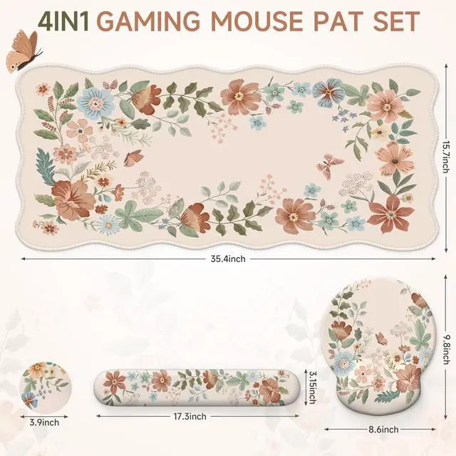 Alt view image 2 of 5 - iLeadon Floral Mouse Pad Sets with Wrist Support,Cute Ergonomic Keyboard Mat for Desktop,Extra Large Big Desk Pad Mouse Mat+Cup Coaster with Non-Slip Base for Women Home Office