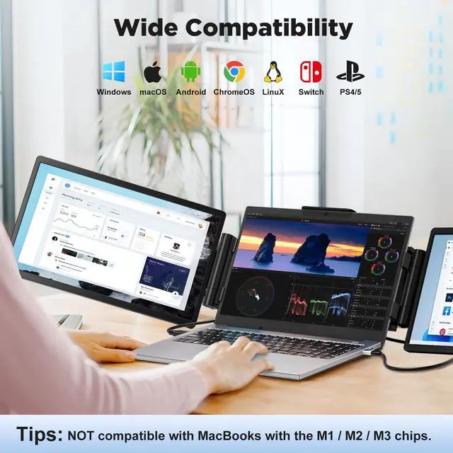 Alt view image 5 of 5 - Laptop Screen Extender Monitor Portable, 14" 1200P Triple Screen Laptop Monitor Extender, 16:10 FHD IPS Laptop Monitor Extender Type-C/HDMI Plug & Play Laptop Extension for Mac/Wins/Android/Chrome
