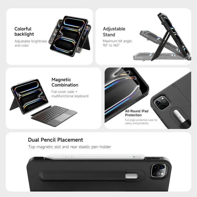 Alt view image 4 of 5 - HOU Detachable Keyboard Case only for iPad Pro 11 (M4 2024), Magnetic Rotatable Case with Keyboard for iPad Pro 11 5th Gen with Multi-Touch Trackpad, 7 Colors Backlight - Black