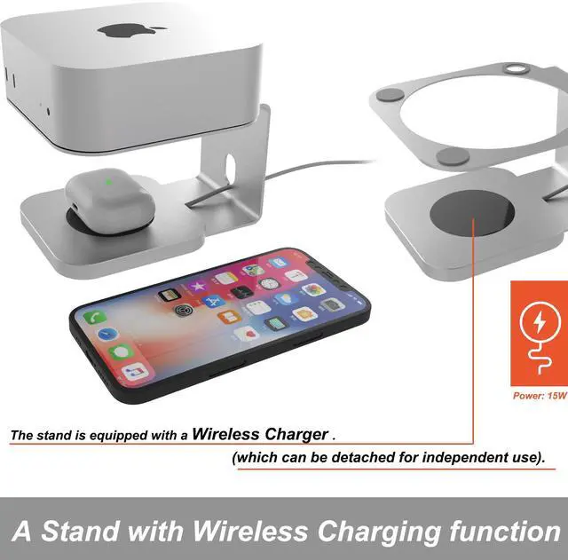 Alt view image 2 of 5 - HOOKMEMO Desk Aluminium Alloy Stand for New Mac mini M4/M4 Pro, Include Wireless Charger,Convenient for Wireless Charging of Mobile Phones and Headphones