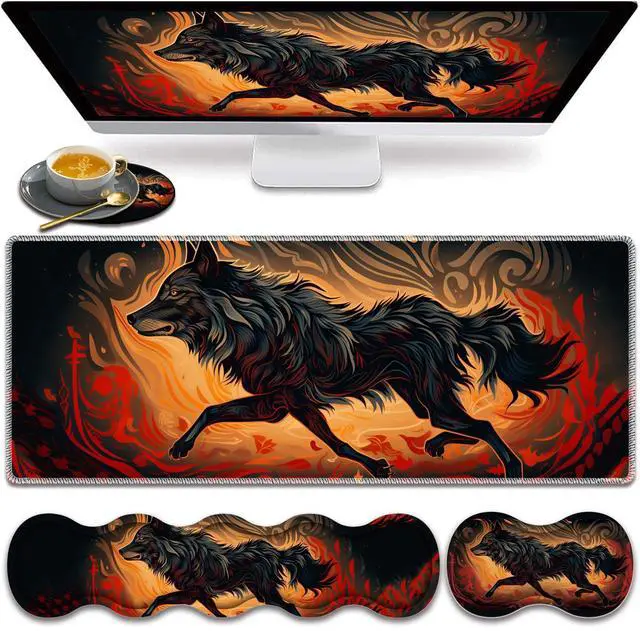 Main image of Large Gaming Mouse Pad, Keyboard Wrist Rest Pad + Mouse Wrist Pad + Coaster 4 in 1 Set, Extended Waterproof Non-Slip Desk Mat, Suitable for Office Home Learning Games, Galloping Wolf