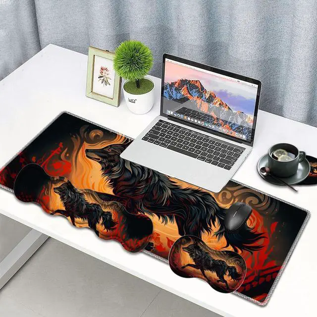 Alt view image 2 of 5 - Large Gaming Mouse Pad, Keyboard Wrist Rest Pad + Mouse Wrist Pad + Coaster 4 in 1 Set, Extended Waterproof Non-Slip Desk Mat, Suitable for Office Home Learning Games, Galloping Wolf