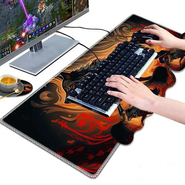 Alt view image 4 of 5 - Large Gaming Mouse Pad, Keyboard Wrist Rest Pad + Mouse Wrist Pad + Coaster 4 in 1 Set, Extended Waterproof Non-Slip Desk Mat, Suitable for Office Home Learning Games, Galloping Wolf