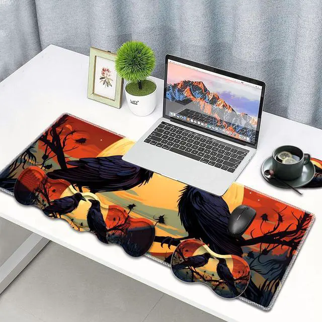 Alt view image 2 of 5 - Large Gaming Mouse Pad, Keyboard Wrist Rest Pad + Mouse Wrist Pad + Coaster 4 in 1 Set, Extended Waterproof Non-Slip Desk Mat, Suitable for Office Home Learning Games, Branch Crow