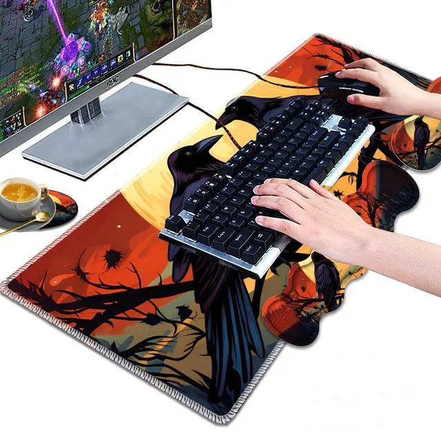 Alt view image 4 of 5 - Large Gaming Mouse Pad, Keyboard Wrist Rest Pad + Mouse Wrist Pad + Coaster 4 in 1 Set, Extended Waterproof Non-Slip Desk Mat, Suitable for Office Home Learning Games, Branch Crow