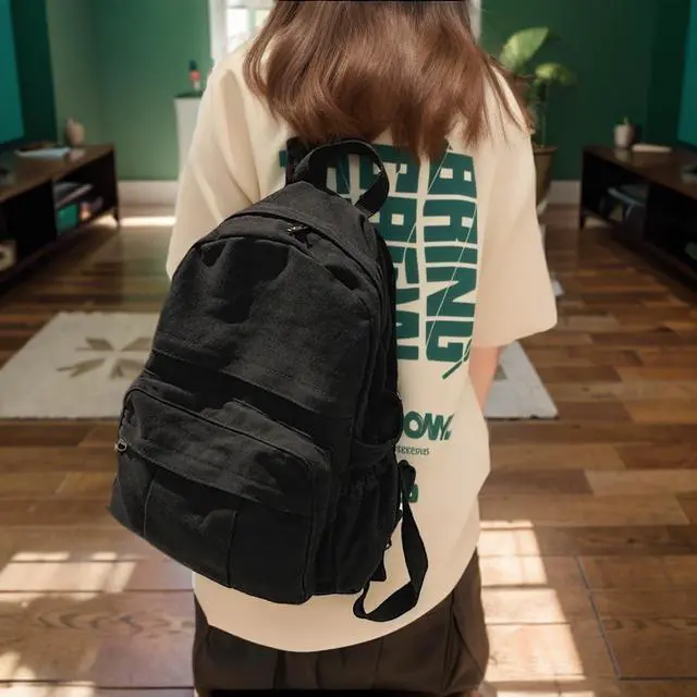 Alt view image 3 of 5 - IAUGO Canvas Backpack for Women Cute Backpack for Women Vintage Laptop Aesthetic Knapsack-Black