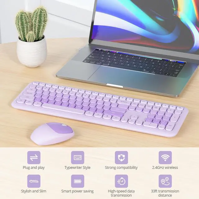 Alt view image 2 of 5 - iRoboosta Purple Colorful Wireless Keyboard and Mouse Combo Set, 2.4GHz Retro Typewriter Keyboard, Full Size Cute Keyboard with Number Pad, Home and Office Silent Keyboards (Light Purple)