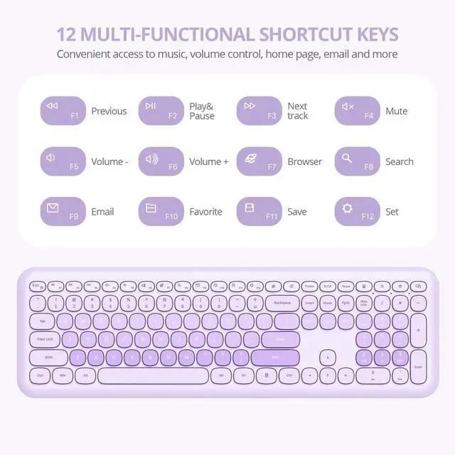 Alt view image 4 of 5 - iRoboosta Purple Colorful Wireless Keyboard and Mouse Combo Set, 2.4GHz Retro Typewriter Keyboard, Full Size Cute Keyboard with Number Pad, Home and Office Silent Keyboards (Light Purple)