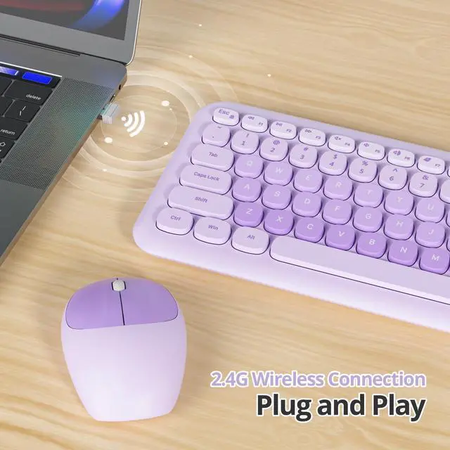 Alt view image 3 of 5 - iRoboosta Purple Colorful Wireless Keyboard and Mouse Combo Set, 2.4GHz Retro Typewriter Keyboard, Full Size Cute Keyboard with Number Pad, Home and Office Silent Keyboards (Light Purple)