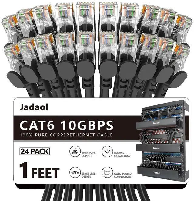 Main image of Jadaol Cat6 Ethernet Cable 1 ft 24Pack, Outdoor&Indoor, 10Gbps Support Cat8/7 Network, 24AWG Pure Copper Patch LAN Cord, Direct Burial Waterproof UV Resistant for Router, Modem, Switch, Server, Black
