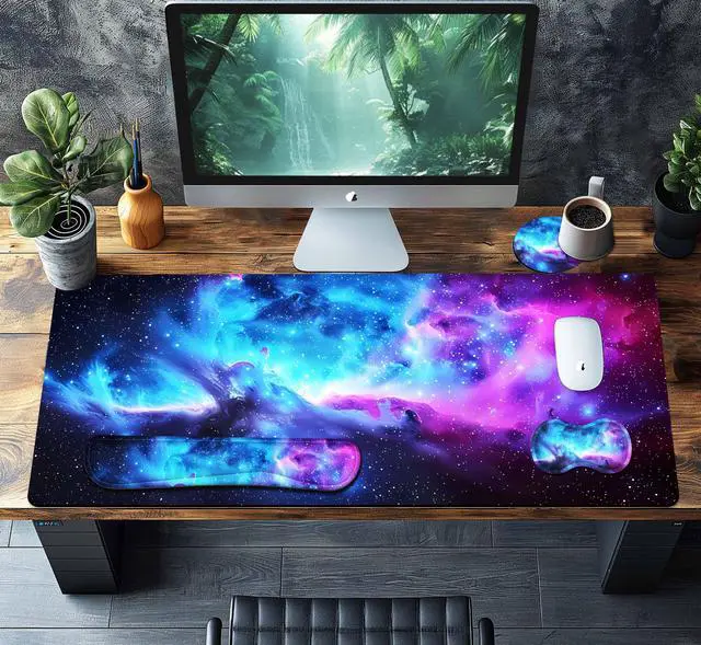 Alt view image 2 of 5 - HaoSiTeck 4-Piece Extended Large Mouse Pad Set for Women Men with Galaxy Design Includes 35.4 x 15.7 XXL Large Mouse Pad Keyboard Wrist Rest Mouse Wrist Support and Coaster for Office Home