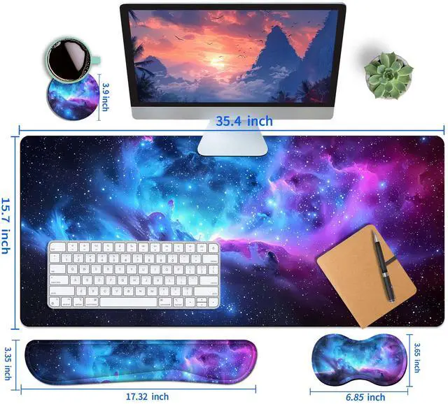 Alt view image 5 of 5 - HaoSiTeck 4-Piece Extended Large Mouse Pad Set for Women Men with Galaxy Design Includes 35.4 x 15.7 XXL Large Mouse Pad Keyboard Wrist Rest Mouse Wrist Support and Coaster for Office Home