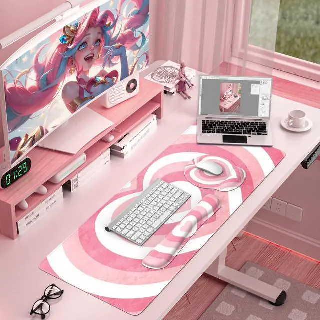 Alt view image 2 of 5 - iLeadon Pink Desk Mat, Desk Pad + Pink Mouse Pad with Wrist Rest + Keyboard Wrist Rest + Coaster, 4in1 Mouse Pad Set, Mouse and Keyboard Pad for Home Office, Heart Pink