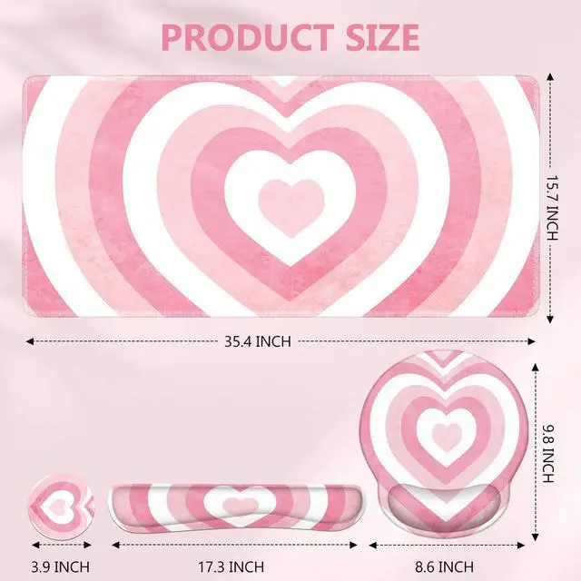 Alt view image 3 of 5 - iLeadon Pink Desk Mat, Desk Pad + Pink Mouse Pad with Wrist Rest + Keyboard Wrist Rest + Coaster, 4in1 Mouse Pad Set, Mouse and Keyboard Pad for Home Office, Heart Pink