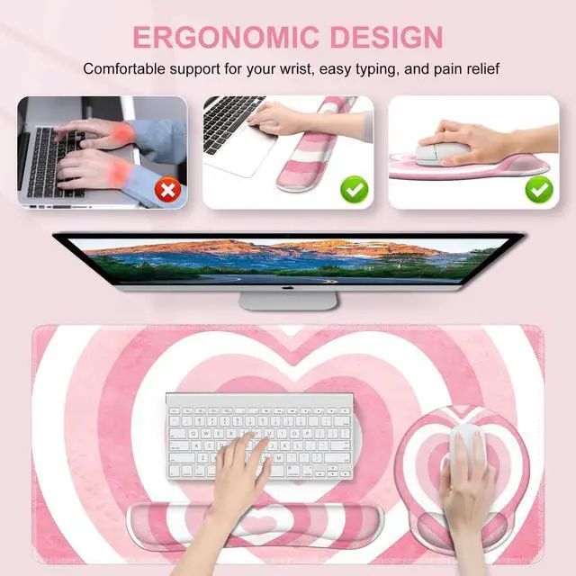 Alt view image 4 of 5 - iLeadon Pink Desk Mat, Desk Pad + Pink Mouse Pad with Wrist Rest + Keyboard Wrist Rest + Coaster, 4in1 Mouse Pad Set, Mouse and Keyboard Pad for Home Office, Heart Pink