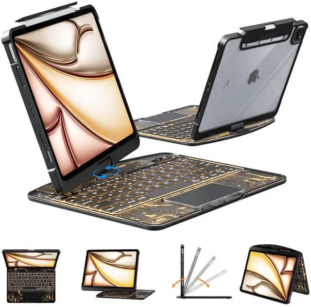 Main image of KARTICE Transparent 360 Keyboard Case with Wireless Keyboard for iPad Air 11 Inch 2024, 10.9" iPad Air 5th/4th, 11" iPad Pro 4/3/2/1 360deg Rotating Stand