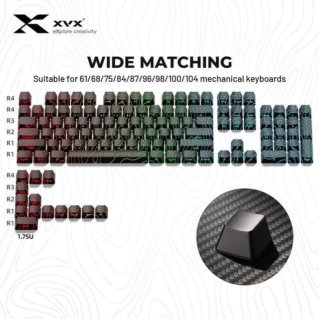 Alt view image 5 of 5 - HITIME x XVX Stealth Keycaps - Shine Through Topographic Keycaps, Unique IMD Tech, Phantom Design, for Mechanical Keyboards, 118 Key Set, OEM Profile, Lines and Character Backlit, Side Printed-Black