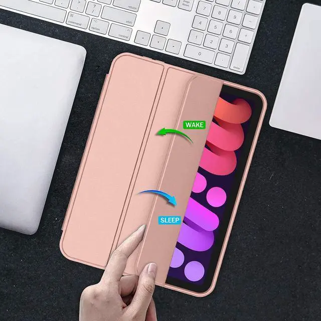 Alt view image 5 of 5 - iMieet iPad Mini 7 Case 2024 (A17 Pro), iPad Mini 6 Case (8.3-Inch,2021 Model), iPad Mini 7th/6th Generation Case with Pencil Holder, Trifold Stand Smart Case with Soft TPU Back,Rose Gold