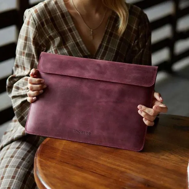 Alt view image 4 of 5 - INCARNE Leather Laptop Case 14 inch Compatible with MacBook Pro 14 Sleeve - Laptop Carrying Case Made for MacBook Pro 14", Magnetic Closure, Vintage Burgundy