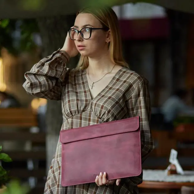 Alt view image 5 of 5 - INCARNE Leather Laptop Case 14 inch Compatible with MacBook Pro 14 Sleeve - Laptop Carrying Case Made for MacBook Pro 14", Magnetic Closure, Vintage Burgundy