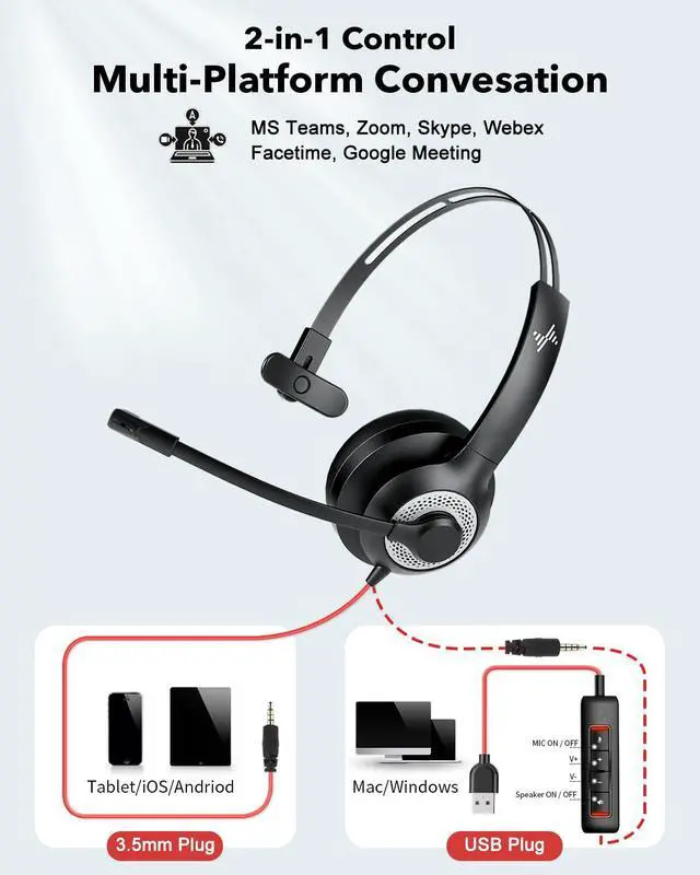 Alt view image 5 of 5 - JIAMQISHI USB Headset with Mic for PC, On-Ear Computer Laptop Headphones with Noise Cancelling Microphone in-line Control for Home Office Online Class (USB+3.5mm Single Ear Headset, Black)