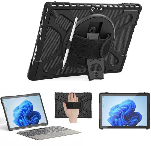 Main image of Junfire Protective Case for Microsoft Surface Pro 7 Plus, Surface Pro 7/6/5/4 Shockproof Rugged Case with 360degRotating Kickstand/Hand Strap/Stylus Holder, Compatible with Type Cover Keyboard,Black