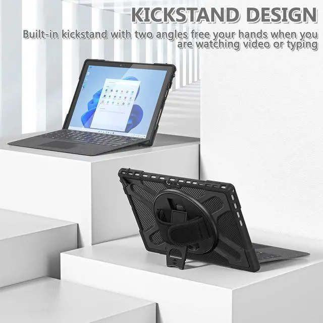 Alt view image 2 of 5 - Junfire Protective Case for Microsoft Surface Pro 7 Plus, Surface Pro 7/6/5/4 Shockproof Rugged Case with 360degRotating Kickstand/Hand Strap/Stylus Holder, Compatible with Type Cover Keyboard,Black