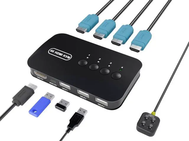 Main image of HDMI KVM Switch 4 Port -USB KVM for 4 Computers Share Keyboard Mouse Printer,Flash Drive,HD Monitor, Support 4K@30Hz, 4 HDMI KVM Cables 1 Desktop Controller Included