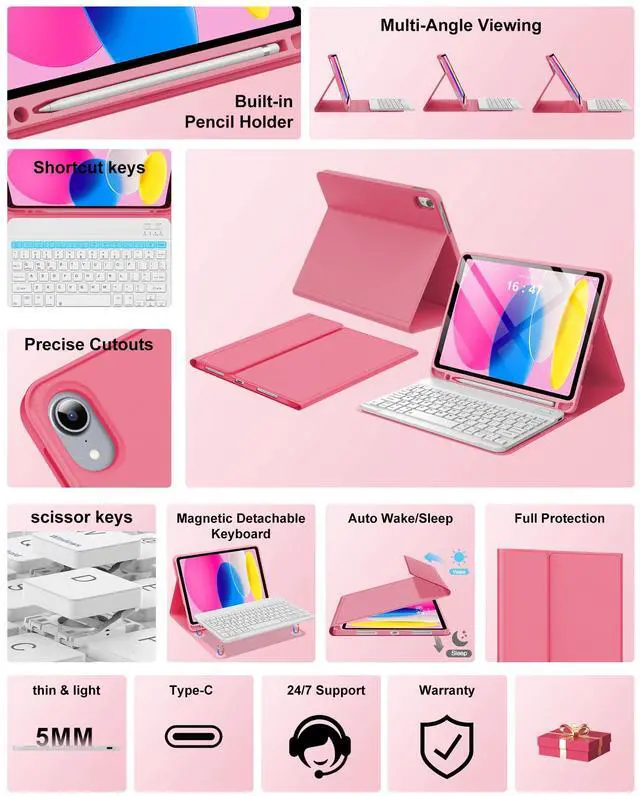 Alt view image 4 of 5 - for iPad 11th 10th Generation Case with Keyboard, Detachable Wireless Bluetooth Keyboard,Slim Folio Cover for iPad 11th A16 11 inch 2025 & 10th Gen 10.9 Inch 2022, Lightwight Long Battery Life, Red