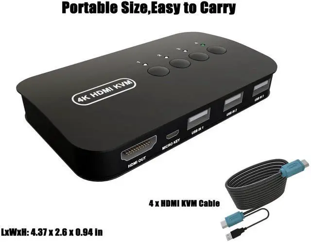 Alt view image 5 of 5 - HDMI KVM Switch 4 Port -USB KVM for 4 Computers Share Keyboard Mouse Printer,Flash Drive,HD Monitor, Support 4K@30Hz, 4 HDMI KVM Cables 1 Desktop Controller Included