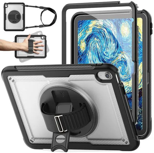 Main image of KAIJIAbox Case for iPad (A16) 11th/10th Generation Case 11/10.9 Inch [2025/2022] with Screen Protector,360deg Band Hand Strap/Stand, Back Shell Protective Cover/Pencil Holder,Transparent