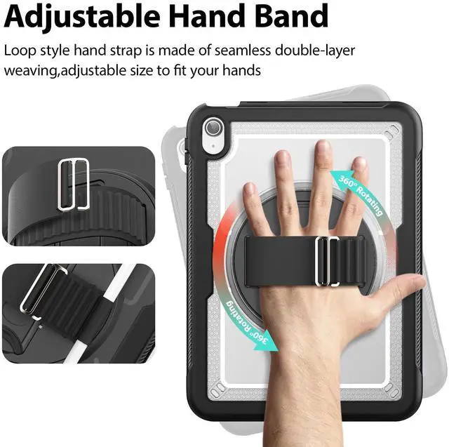 Alt view image 3 of 5 - KAIJIAbox Case for iPad (A16) 11th/10th Generation Case 11/10.9 Inch [2025/2022] with Screen Protector,360deg Band Hand Strap/Stand, Back Shell Protective Cover/Pencil Holder,Transparent