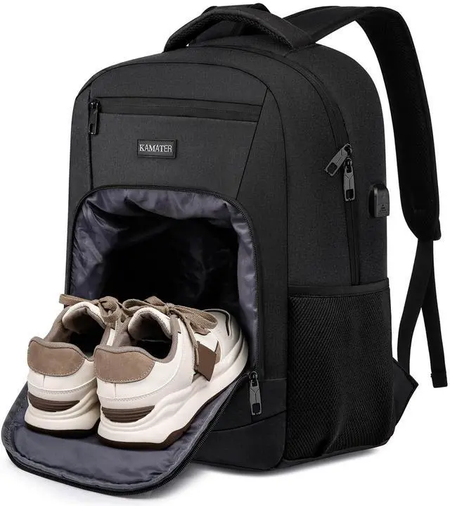 Main image of kamater Backpack with Shoes Compartment, Travel Laptop Backpack for Men Women, Stylish Workout Sport Bag for Yoga, Casual Weekender Carry On for Flight, College, Outdoor, 17.3 inch Black