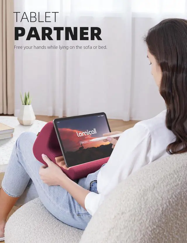Alt view image 2 of 5 - Lamicall Tablet Holder, Tablet Pillow Stand - Tablet Pillow Soft Pad for Bed and Lap, with Stylus Mount & Pocket, for iPad Pro 12.9, Air, Mini, Kindle, Galaxy Tab and 4-13" Tablet, Dark Red