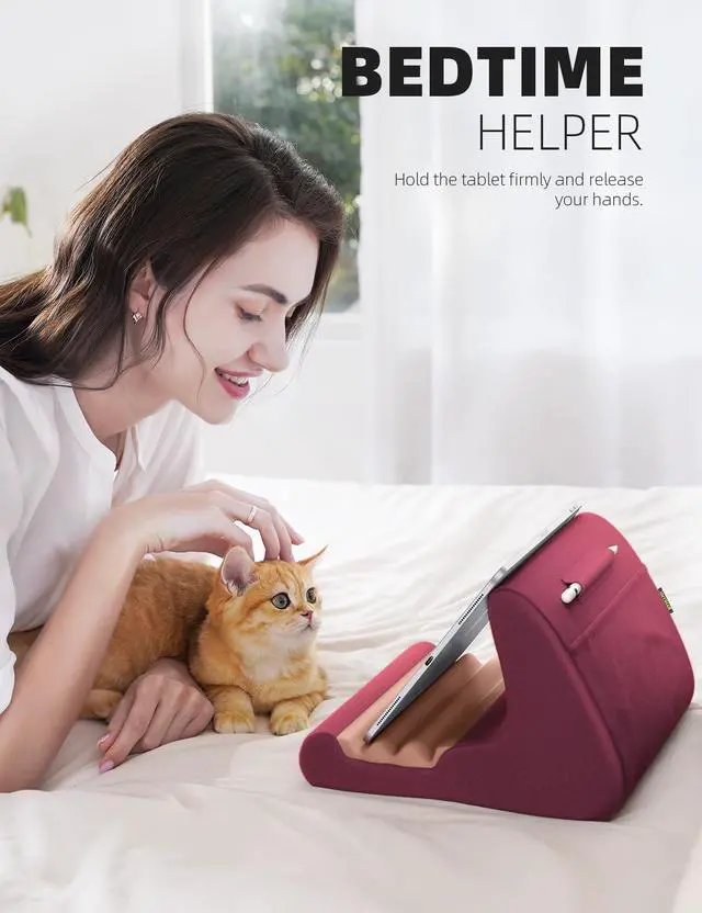 Alt view image 4 of 5 - Lamicall Tablet Holder, Tablet Pillow Stand - Tablet Pillow Soft Pad for Bed and Lap, with Stylus Mount & Pocket, for iPad Pro 12.9, Air, Mini, Kindle, Galaxy Tab and 4-13" Tablet, Dark Red