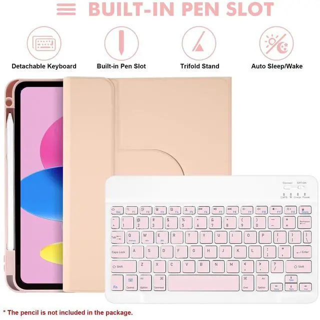 Alt view image 4 of 5 - LAMA 2-in-1 Keyboard Case for iPad (A16) 11th Gen 2025/ iPad 10th Gen 10.9 inch 2022, Detachable Case with Keyboard for 10th/ (A16) 11th, 360 Rotatable Thin Slim Cover with Pen Holder, Pink