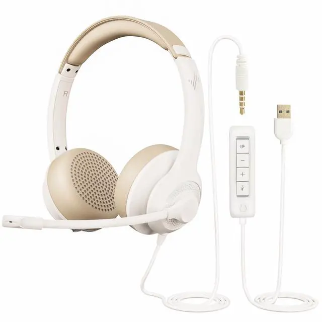 Main image of JIAMQISHI USB Headset with Microphone for PC, On-Ear Computer Laptop Headphones with Noise Cancelling Mic in-line Control for Home Office Online Class Zoom (USB+3.5mm, White)