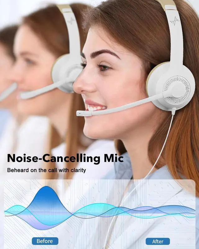 Alt view image 2 of 5 - JIAMQISHI USB Headset with Microphone for PC, On-Ear Computer Laptop Headphones with Noise Cancelling Mic in-line Control for Home Office Online Class Zoom (USB+3.5mm, White)