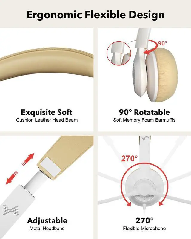 Alt view image 4 of 5 - JIAMQISHI USB Headset with Microphone for PC, On-Ear Computer Laptop Headphones with Noise Cancelling Mic in-line Control for Home Office Online Class Zoom (USB+3.5mm, White)