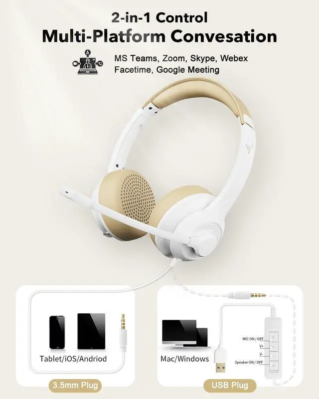 Alt view image 5 of 5 - JIAMQISHI USB Headset with Microphone for PC, On-Ear Computer Laptop Headphones with Noise Cancelling Mic in-line Control for Home Office Online Class Zoom (USB+3.5mm, White)