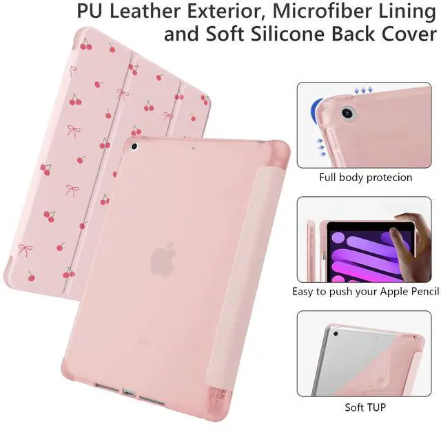Alt view image 4 of 5 - Cute Kawaii Cherry Bow for iPad 10th Generation Case 10.9 Inch 2022 with Pencil Holder, Auto Sleep/Wake, Pink Leather Soft TPU Back Cover